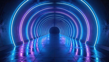 Obraz premium Futuristic tunnel with neon blue and purple lights, reflecting on wet concrete. 3D rendering