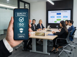 ISO certified quality assurance mobile app screen held in hand during corporate meeting with executives discussing standardization proposal and presentation in modern conference room