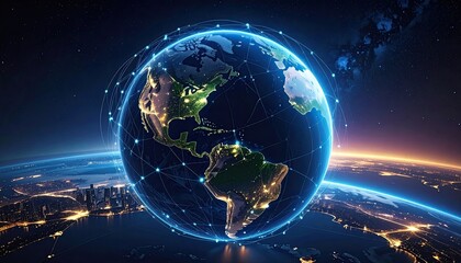 Illuminated globe in space with a network overlay, cities glowing, and vast expanse