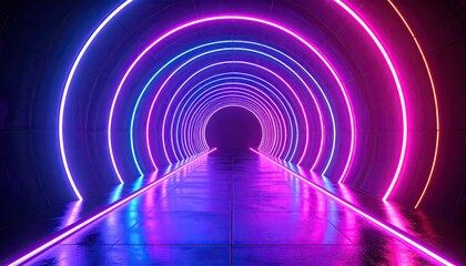 Futuristic tunnel lit by vibrant neon rings, creating a colorful and immersive perspective