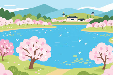 Obraz premium Serene spring landscape with cherry blossoms, calm lake, and traditional buildings under blue sky.