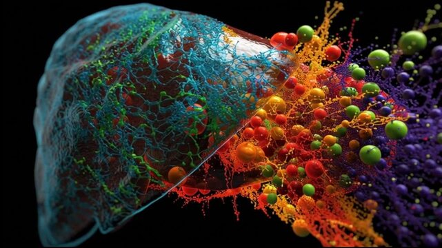 Hepatitis B infection. HBV. Liver inflammation. Liver damage. Jaundice. Colorful 3D visualization of liver cells and structures.