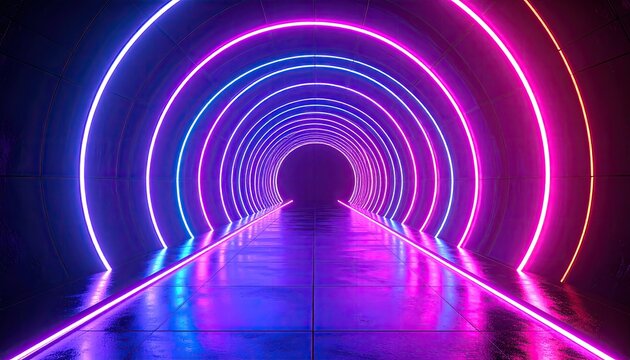 Futuristic tunnel lit by vibrant neon rings, creating a colorful and immersive perspective - Powered by Adobe