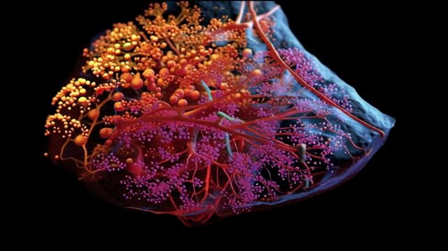 Hepatitis B infection. HBV. Liver inflammation. Liver damage. Jaundice. 3D visualization of a liver with vibrant colors and structures.