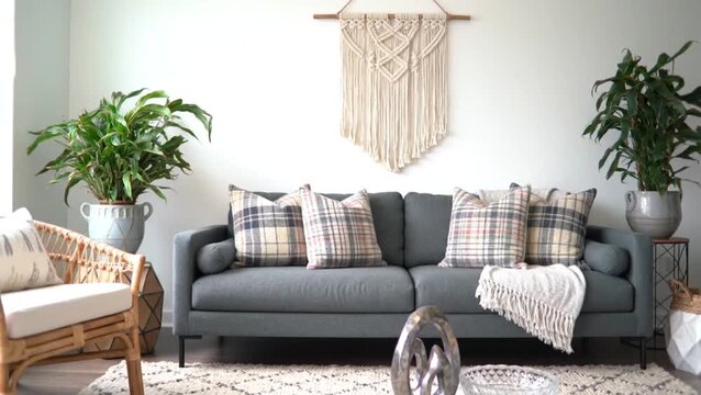 Cozy Sofa With Patterned Cushions And Macrame Wall Hanging