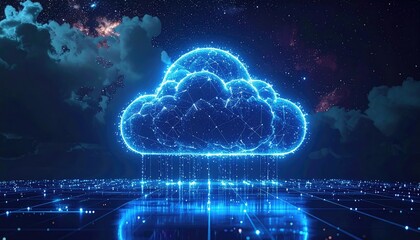 Illuminated cloud shape glowing with data lines over a digital circuit board and night sky