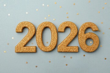 Golden glitter numbers 2026 for upcoming New Year celebration, festive date with scattered stars and copy space