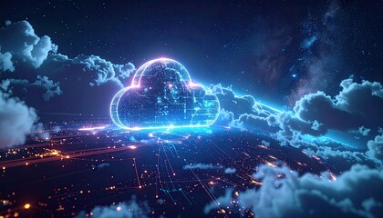 Digital cloud computing concept, glowing cloud over a cityscape at night with streaming data