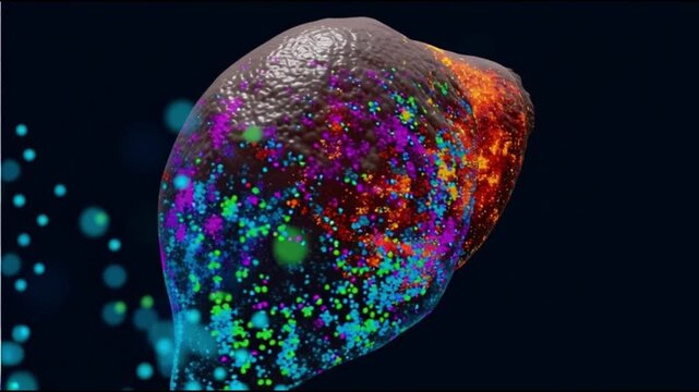 Hepatitis B infection. HBV. Liver inflammation. Liver damage. Jaundice. A colorful representation of a liver showing inflammation and damage.