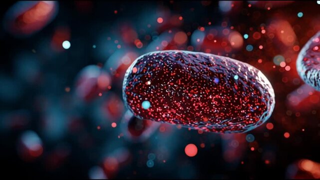 Hepatitis B infection. HBV. Liver inflammation. Liver damage. Jaundice. Abstract illustration of red virus particles in a dark background.