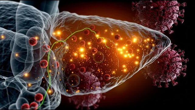 Hepatitis B infection. HBV. Liver inflammation. Liver damage. Jaundice. 3D illustration of liver infected by hepatitis B virus.