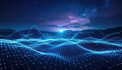 Futuristic landscape depiction with glowing grid over rolling hills under a starry sky