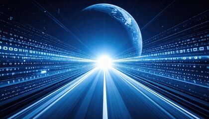 Digital highway with binary code and globe in a futuristic depiction of global network data flow