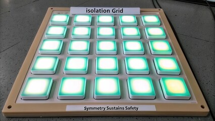 Isolation grid display with illuminated buttons in a symmetrical layout for safety and interactive experiences in industrial environments