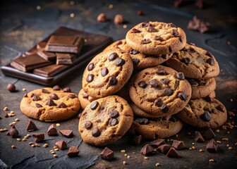 Crunchy chocolate chip cookies scattered on a dark velvet background create a sweet indulgence scene