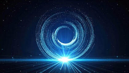 Digital rings emanating from a central source, with shimmering lines and a dark blue background