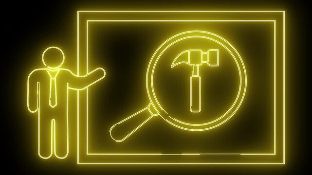 Yellow neon style image a person presenting a hammer under a magnifying glass inside a rectangle