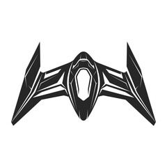 Stylized black futuristic spaceship or drone with sharp angles and symmetrical design, isolated on a white background.