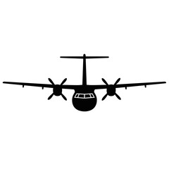 Black silhouette of a propeller airplane viewed from the front, with two engines and wings spread wide.