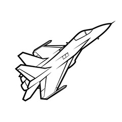 Black and white line art drawing of a modern military fighter jet aircraft in flight, viewed from an angle.