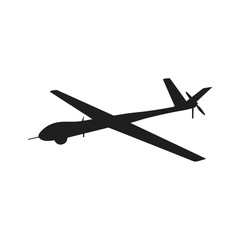 Black silhouette of a military-style unmanned aerial vehicle (UAV) or drone flying, isolated on a white background.