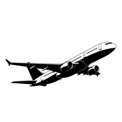 Stylized black and white illustration of a large passenger airplane taking off against a white background.