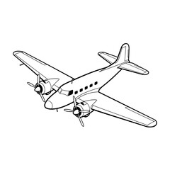 Line art drawing of a vintage propeller airplane flying, viewed from an isometric perspective.