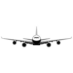A front view black and white graphic illustration of a large passenger airplane with four engines ready for flight.