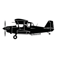 Black silhouette of a vintage biplane crop duster with a propeller and spray bars, viewed from the side.
