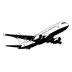 Black and white illustration of a large passenger airplane taking off or in flight, showcasing its sleek design and powerful engines.