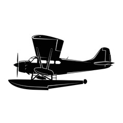 Black silhouette of a vintage seaplane with floats for water landing and takeoff, side view.