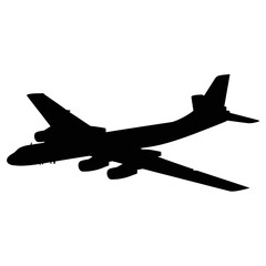Black silhouette of a large transport aircraft in flight.