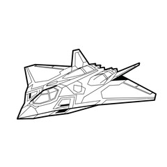 Line art drawing of a modern stealth fighter jet in flight, viewed from a slightly elevated angle, ready for coloring.