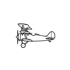 Line art drawing of a vintage biplane with a propeller and landing gear, viewed from the side.