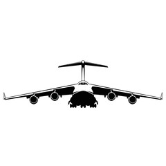 Front view silhouette of a large military cargo airplane with four engines.