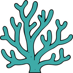 Obraz premium Teal Colored Branching Coral Silhouette Against a Solid Black Background Simple Minimalist Underwater Marine Life Illustration