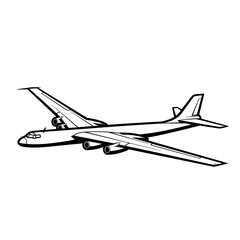 Black and white outline drawing of a large passenger airplane flying, viewed from the side.