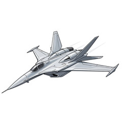Modern grey fighter jet flying with sleek design and sharp angles against a white background.