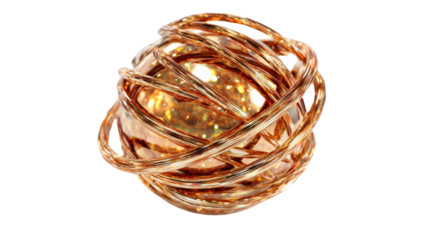 Golden tangled wires creating abstract sphere of digital energy and futuristic technology on transparent background