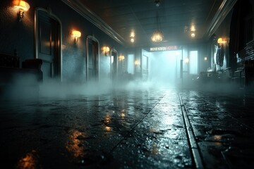 Fototapeta premium Mysterious Hotel Corridor with Fog and Dim Lighting