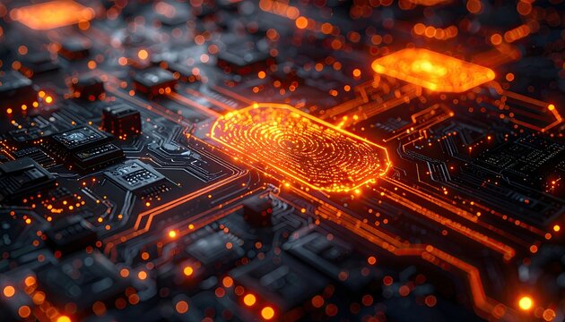 Close-up of glowing circuit board with orange light, central fingerprint shape - Powered by Adobe