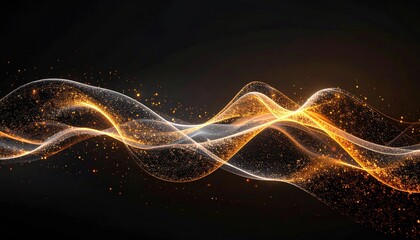 Abstract flowing wave of glowing light on black background, with sparkles and subtle curves