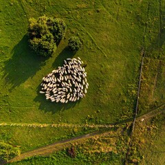 초원에서 풀 뜯는 양 떼와 목장 풍경 이미지