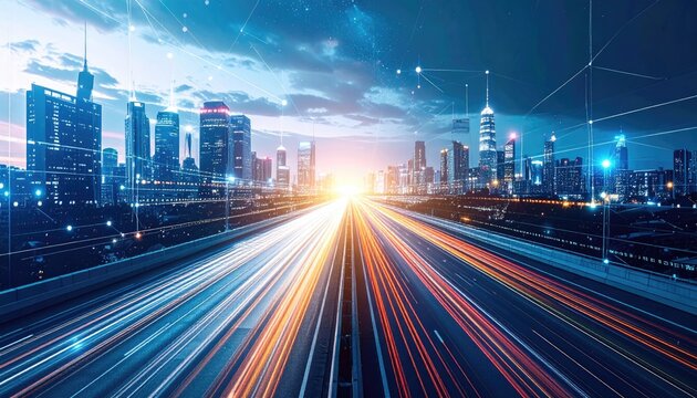 City skyline with highway at dusk, trails of light and network overlays - Powered by Adobe