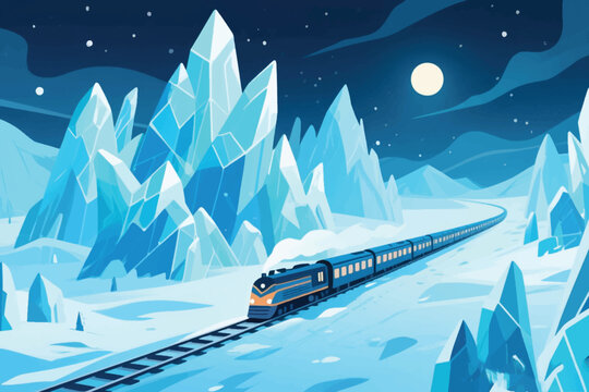 Steam train crossing icy terrain under full moon and starry night sky with dramatic ice formations.