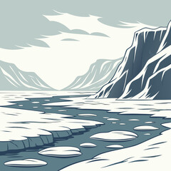 Stylized arctic landscape with icy river flowing between snow covered mountains under a cloudy sky © Bf