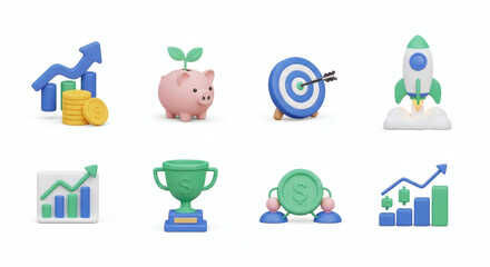 Vibrant 3D Concept Art Collection Financial Growth, Business Success, and Investment Strategy Icons Representing Achievement and Future Development Concepts.