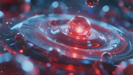A red droplet creates ripples in a liquid surface, illuminated with vibrant light effects and reflections.