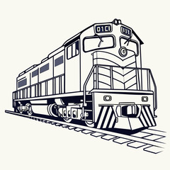 A detailed black and white line art illustration of a modern diesel locomotive engine on train tracks © Bf