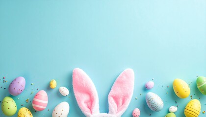 Easter background with bunny ears and colorful eggs scattered on a bright blue surface